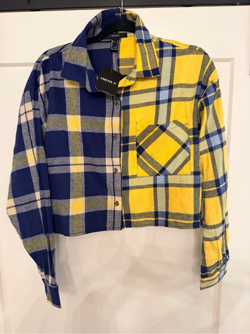 Forever 21 Blue & Yellow Plaid Cropped Jean Jacket